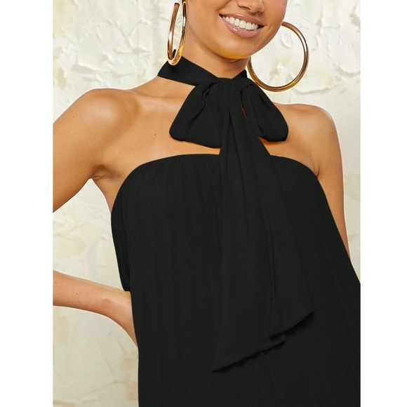 Pleated Black Mini Dress Tie Neck Short A-Line Flared - Picture 6 of 16